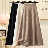 Panie moda jesień zima dzianiny żakardowe midi długie spódnica kobiet koreański styl średniej długości wysoka talia miękkie spódnice kobiet 211214