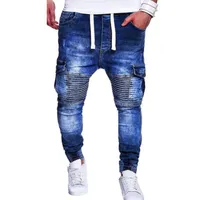 Jeans masculinos homens magro vários bolsos cordão cintura plissada joelho magro casual calças longas streetwear