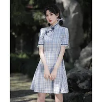 Ethnic Clothing 2022 Cute Jk Style Chinese Qipao Dress Buttoned Lace Shorts Young Girl Plaid Clothes Stand-Up Collar Midi Fashion Cheongsam
