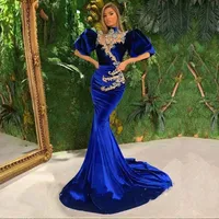 2022 Royal Blue Velvet Evening Mermaid Jurk Hoge Hals Kant Applicaties Dame Formele Prom Gown Robe de Soiree Celebrity Vestidos Fiesta Custom Made