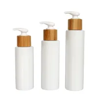 White Pet Plastic Lotion Pump Flaskor Kosmetisk Shampoo Dusch Gel Dispenser (BPA Gratis) Med Bamboo Cap 100ml 3oz 120ml 4oz 150ml 5oz