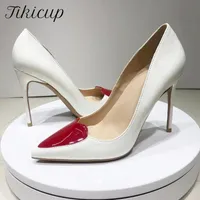 Платье обувь Tikicup красное любовь сердце лоскутное женщина белый патент заостренный шпилька высокие каблуки женские шикарные скольжения на насосах мода