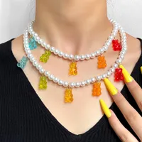 Catene Coreano Gummy Bear Pearl Collana perline per donna per le donne Ragazze Rainbow Colore Branelli Cartoon Teddy Handmade Choker Collane collane gioielli