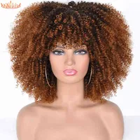 Hårstycke Kort Afro Kinky Curly Wigs med Bangs för svart Kvinnor Blondinblandad Brown Syntetisk Cosplay Afrikansk Värmebeständig Annivia 0121