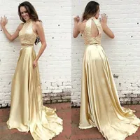 ライトゴールドツーピースイブニングドレスハイネック2021スパンコールビーズサテン背中のヴェスディドデフィエスタLargos Elegantes de Gala Prom Dress