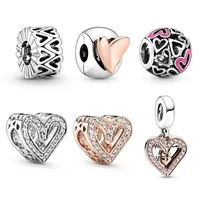 New 100% 925 Sterling Silver pan Sparkling Freehand Heart Dangle Charms DIY Openwork Valentine&#039;s Day Gift Q0531