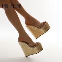Slippers NIUFUNI Simple Shining Transparent PVC Wedge Sandals Peep Toe Gold Sequins Women&#039;s Thick High Heels 16CM Plus Size 35-42