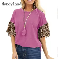 여성용 티셔츠 Mandylandy 여름 패션 프린트 스티치 캐주얼 짧은 플레어 슬리브 레오파드 O 넥 탑