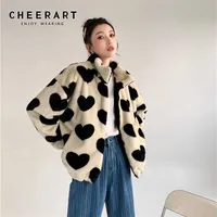 CheerArt Bej Faux Kürk Kadın Kalp Baskı Sherpa Kawaii Polar Ceket Sevimli Kış Giyim Kore Moda Giyim 211119