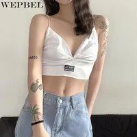 Kadın T-shirt Wepbel Kadın Seksi Kayış Nakış Harfleri Mahsul Üstler Sütyen Bralette Bluz Bayanlar Zarif Kolsuz Yular V Boyun Kısa