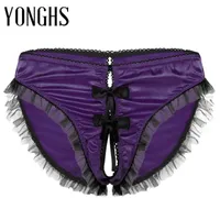 Women&#039;s Panties Gay Homme Sexy Underwear Mens Lingerie Sissy Thong Silky Satin Lace Mesh Ruffles Trim Bowknot Open Crotch Underpants