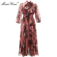 Moayina Fashion Designer Dress Runway Dress Primavera Estate Donne Pink Dress Brow Collar Rose Floral-Print Elegante Abiti Chiffon Abiti 210316