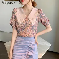 Gagaokの女性のオフィスの女性のシャツ夏のピーターパン首輪パフスリーブフリル花柄シックな甘い野生のトップスとブラウス210225