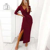 Casual klänningar höst v nacke lång röd klänning kvinnor ärm sida split wrap slim lady soild color maxi 2021 party robe office vestidos