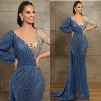 2021 Neueste blaue Abendkleid PROM Gowns Sheer Juwel Hals Perlen Spitze Langarm Mermaid Prom Dress Sweep Zug Sonderanfertigte Illusion Robe de Soirée