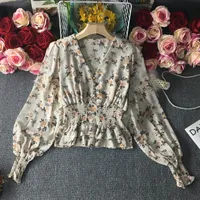 Women's T-Shirt Spring Retro Floral Pleated Slim Long Sleeve Chiffon Shirt V-neck Breasted Print