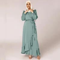 Ropa étnica Dubai Abaya Kimono Ruffle Musulmán Vestido largo Mujeres Robo Kaftan Turquía Moroccan Jellaba Árabe Islámica