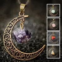Vintage Galaxy Moon Natural Stone Transparent Opal Necklace Pendants Crystal Crescent Purple Antique Bronze Purple Necklace