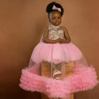 Pembe Balo Çiçek Kız Elbise Düğün için Boncuklu Puffy Küçük Kızlar Pageant Elbise Toddler İlk Communion Gowns