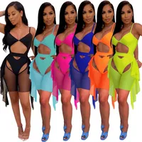 Floresan Renk 2 Parça Bikini Eşofman Setleri Yaz Giysileri Kadınlar için Spagetti Kayışı Hollow Bodysuit ve Mesh Sheer Ruffles Kısa YENI