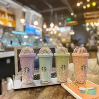 US-Lager 450ml Niedlicher Regenbogen-Starbucks-Tasse Doppel-Kunststoff mit Strohhalsten Haustiermaterial für Kinder Erwachsene MädchenFirend für Geschenk-Produkte