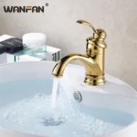 バスルームのシンクの蛇口Wanfan盆地ゴールデンモダンデッキマウント蛇口洗面台シングルハンドルと冷水タップHJ-6636K