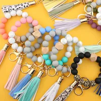 Bracelet de perle de silicone de mode Favoris Beech Tassel Keychain Pendentif Cuir Bracelets En Cuir Bijoux Mesdames Keychains FWF9120