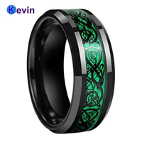 Men Women Wedding Band Rings Tungsten Black Ring With Green Opal And Black Dragon Inlay 8MM Comfort Fit 211230