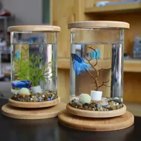 Akwaria 1 sztuk Szklana Betta Fish Tank Bambusowa Baza Mini Bowl Akcesoria Akwarium Dekoracja Obróć Decorati K4T0