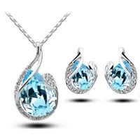 귀걸이 목걸이 Boho Female Water Drop Crystal Jewelry Set Charm Silver Color 웨딩 스터드 여성을위한 귀여운 무지개 지르콘 체인