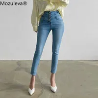 Mozuleva Herbst Vintage Einreiher Frauen Denim Jeans 2021 Hohe Taille Stretch Pants Capris Weibliche Streetwear Jeans Hosen H0908