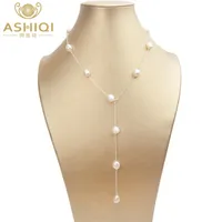 Ashiqi echt 925 Sterling Silber Langkette Halskette 8-9mm Natürliche Barockfreahwater Perlenschmuck für Frauen Damen Geschenk 220222