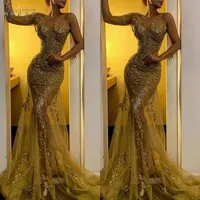 New Gold One Shoulder Prom Dresses Lace Sheer Skirt Long Sleeves Prom Dress Zipper Back Plus Size Formal Party Gowns