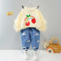 가을 아기 소녀 옷 세트 귀여운 레이스 퍼프 슬리브 복장 만화 체리 스웨터 정장 2pcs 유아 긴 소매 셔츠 소녀 220118
