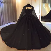 Gothic Sweetheart Black Wedding Dresses With Long Wrap Ball Gown Lace Appliqued Beaded Vintage Victorian Bridal Gowns Court Train Plus size Bride Wedding Dress