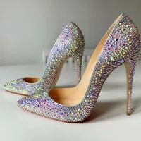 Casual Designer Sexig Lady Fashion Women Shoes Crystal Glitter Strass Pointy Toe Stiletto Striper High Heels Zapatos Mujer Prom Kvällspumpar Storlek 44 12cm