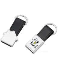 Personalized Metal Keychain Favor Sublimation House-shape Keyring with PU Leather Ring Unique Rectangle Souvenir Key Pendant ZC811