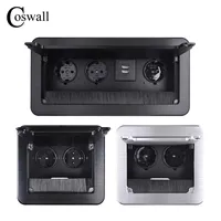 COSWALL Black All Aluminum Metal Body Double EU Power Outlet Table Office Socket With Dustproof Brush Clamshell Cover Soft Close 211007