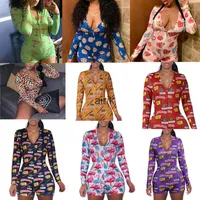Designerinnen Frauen Onesies Print Pyjama-Jumpsuits Nightwear Playsuit Workout Knopf Skinny V-Ausschnitt Kurzform Stamme 8818