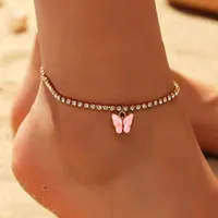 Doce bonito borboleta borboleta anklet cristal bracelete boho praia acrílico tornozeleiras para mulheres sandálias pé pulseiras feminino jóias519 t2