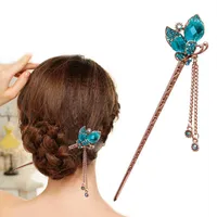 Haarklemmen Barrettes Rhinestone Butterfly Stick, Blue Crystal Hairspin, Chinese Eetstokjes Vintage Tassel Haarspeld voor Vrouwen