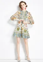 Lüks Moda Pist Çiçek Elbise Kadınlar 2022 Tatlı Sevimli Uzun Kollu Sahte Boyun Baskı Yüksek Bel Parti Ince A-Line Mini Elbiseler Ofis Bayan İlkbahar Sonbahar Gömlek Frock