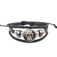 Bangle Sugar Skull Snap-knop 18mm gevlochten lederen armband voor vrouwen Calavera Sugary-Sweet Halloween Armbanden Armbanden