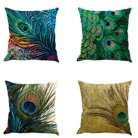 45cm*45cm Colorful Cushion Cover Peacock Feather Printed Pillow Cover Square Linen Cushion Case Sofa Bed Home Car Decorative