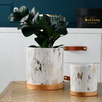 Waco Nevelty Ceramics Flowerpots, 둥근 모양의 꽃 냄비, 책상에 정원 냄비, 드레인 구멍 및 트레이가있는 가정 장식 (2 개 세트)