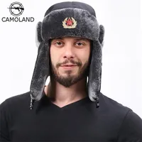 Soviet Badge Russia Ushanka Hat Waterproof Bomber Hats Pilot Trapper trooper Hat Winter Faux Rabbit Fur Earflap Men Snow Caps 211227