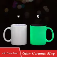 Sublimation 11oz Glow Ceramic Mugs with Handle Fluorescent in the Dark Procelain Coffee Mug Blank Luminous Water Cups Heat Transfer Printing DIY Drinking Tumbler
