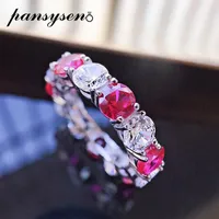 Anelli cluster Pansysen 100% 925 sterling argento rotondo rubino rubino simulato diamante moissanite per donne anello di fidanzamento regalo