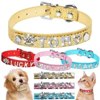 Dog Collars & Leashes Personalized Rhinestone Pet Cat Collar Adjustable Bling Crystal Diamond PU Leather Puppy DIY Chihuahua Name Tag