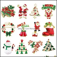 Pines, Broches Joyería Feliz Navidad Broche Pin Santa Claus Muletas Campanas Zapatos de muñeco de nieve Insignias Árbol de Rhinestone para Mujeres Hombres Niños Drop De